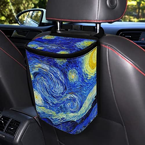 Image of Van Gogh Starry Sky Car Trash Can Car Interior Accessories Organizer Garbage Bag Dustbin Container with Lid Waste Basket Storage Pockets Hanging Vehicle Trash Bin