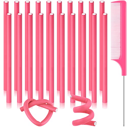 20 Pieces Flexible Curling Rods Twist Foam Hair Rollers Soft Foam No Heat Hair Rods Rollers Curlers and Steel Pintail Comb Rat Tail Comb for Women Girls Long and Short Hair (Dark Pink,0.31 x 9.4 Inch)