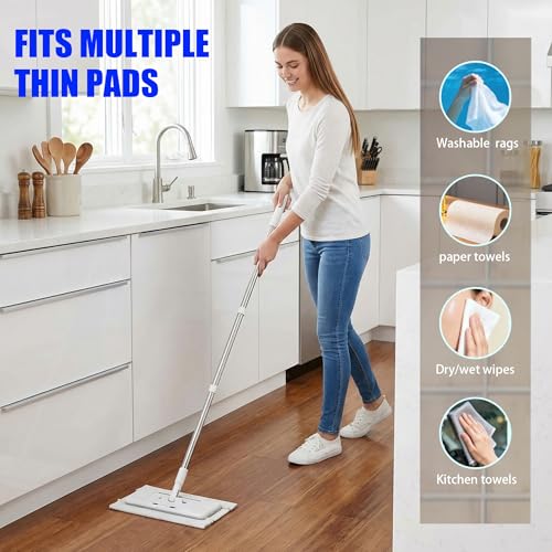 Image of Upgrade Push Clamp Mop Kit - 2-in-1 Full Size Lazy Sweeper Mop with Convenient Cloth Changing, Compatible with Swiffer Pads, Hardwood Tile Marble Floor Cleaning, 52in with 10 Reusable Cloths