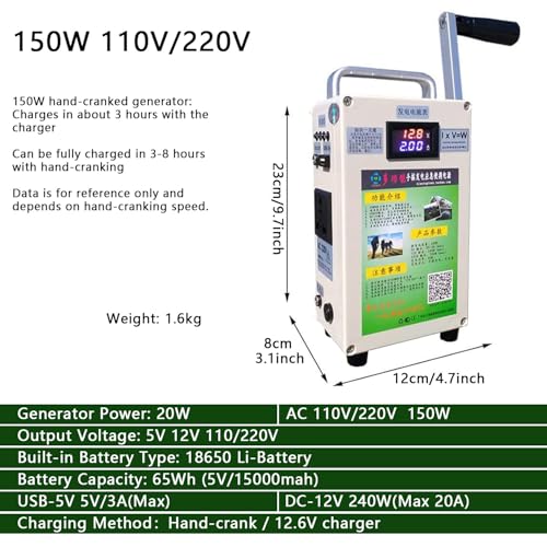 Generador de manivela, 150W, cargador manual de emergencia para camping y carga de teléfono miniatura 3