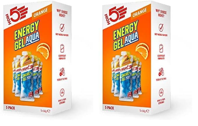 HIGH5 Energy Gel Aqua - Quick Release Sports Gels to Power Muscles for Top Performance - Natural Fruit Juice & No Caffeine - On The Go Energy Boost for Running, Cycling and Endurance (Orange, 5 x 66g)