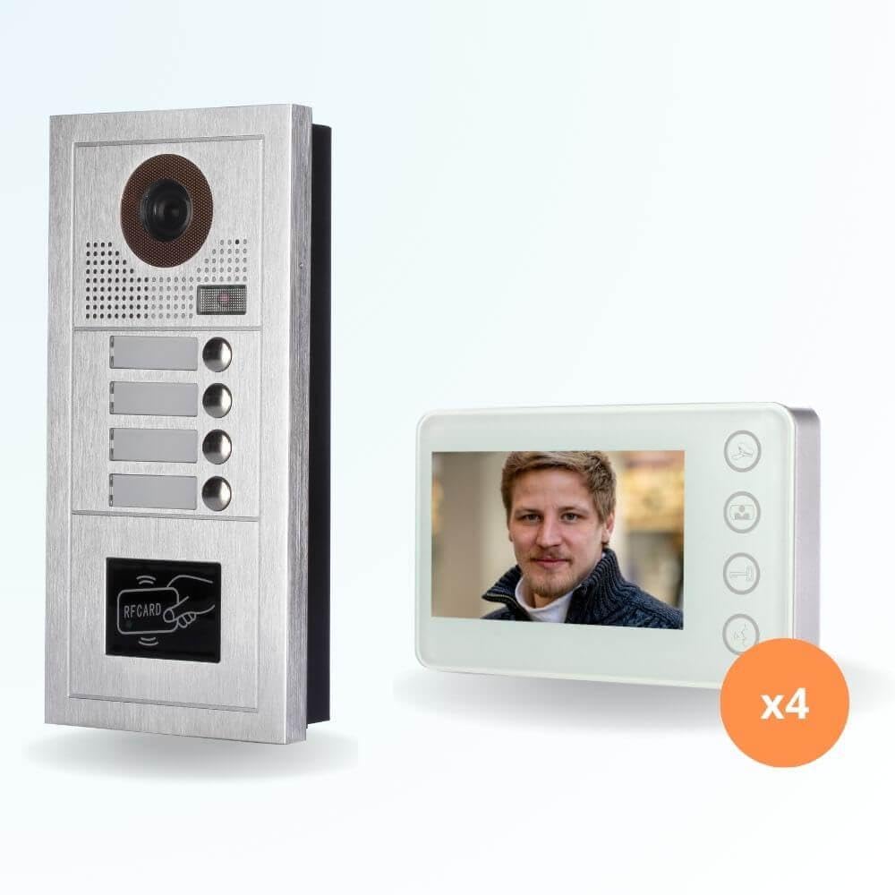 Portier interphone vidéo Modern 2 Fils - 4 Appartements - 4 écrans Blancs - avec Lecteur de Badge
