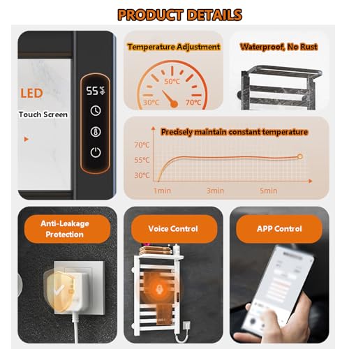 Sèche-serviettes électrique mural 200W noir avec minuterie et écran LCD - 5
