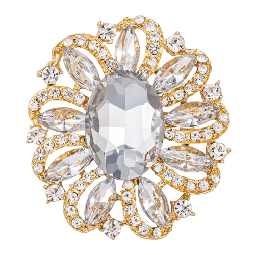 Image of SELOVO Flower Rhinestone Statement Brooch Pin Accessory Antique Gold Tone