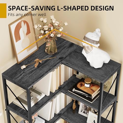 DWVO Corner Bookshelf, 5-Tier L-Shaped Bookshelf Storage Organizer, Tall Corner Bookcase Open Display Freestanding Storage Rack for Living Room, Home Office, Grey