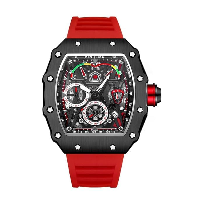 PIN TIME Men’s Luxury Sports Watch – Tonneau Shaped Waterproof Chronograph Aesthetic Wristwatch with Durable Red Silicone Strap and Shock-Resistant Matte Black Bezel-image-4