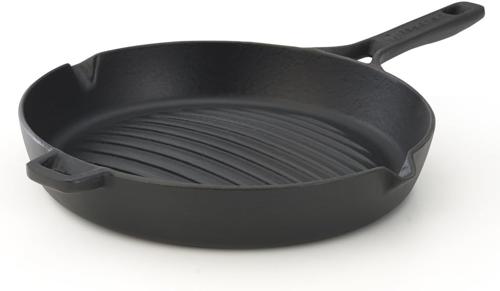 Convex Curved Base Cast Iron Grill Pan with 4-Layer Enamel Coating,10.2", Black