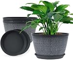 Quarut 10 Inch Flower Pots Planters for Outdoor Indoor, 3 Pack Plastic Plant Pots with Drainage Hole & Tray, Modern Decorative Garden Pot with Saucer, planters for House (Gray)
