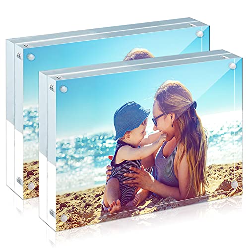 HELPLEX Acrylic Frame, 2 Pack 4x6 Acrylic Picture Frames, 20mm Thicker Frameless Clear Frame Double Sided Magnetic Frame, Free Standing Desktop Display
