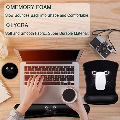Keyboard Wrist Rest And Mouse Pad Wrist Support Set ,Black Cat Ergonomic Gel Mouse Pad ,Easy Typing Pain Relief, Memory Foam Keyboard Mousepad Set With Coasters #TOP6