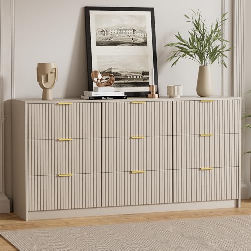 Image of Furniway 3 Piece Bedroom Set, 9 Drawer Dresser and Nightstand Set of 2 with Gold Handles, Modern Wood Chest of Drawers Storage Cabinet for Bedroom, Beige