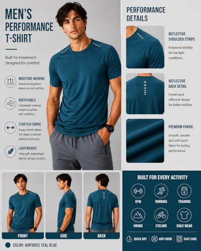 Image of Men's Teal Blue Performance T-Shirt, Quick Dry, 2-Way Stretch, Lightweight, Reflective Detailing, for Gym, Running & Training