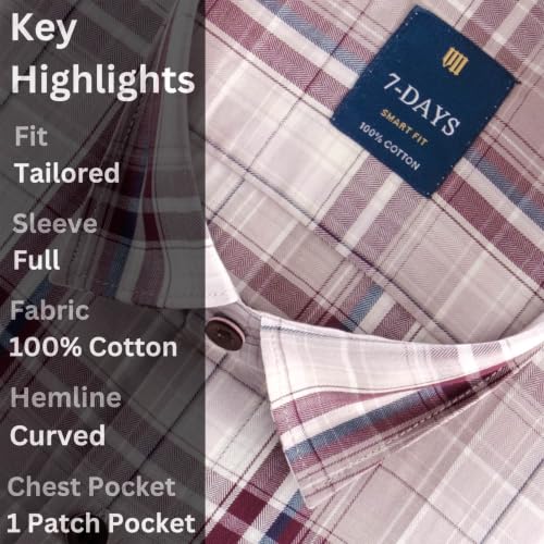 Image of 7-DAYS Men's Premium Check Shirt - 100% Cotton, Tailored Fit (Between Slim & Regular), Full Sleeve, with Pocket - Smart Office & Casual Look