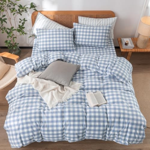 Image of BESTOUCH Gingham Cotton Duvet Cover Set Cornflower Blue Twin | Washed Cotton, Linen Feel, Soft Wrinkle Texture, Hidden Zipper, 8 Ties, Breathable Lightweight Durable Comfy, 2 Pcs No Insert