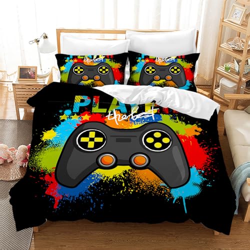 Leleyouzer Jungen Gamer - Juego de ropa de cama infantil con diseño de gamepad en 3D, funda nórdica de microfibra suave con 2 fundas de almohada de 50 x 75 cm (G2, 135 x 200 cm)