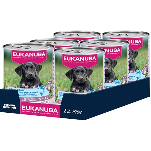 EUKANUBA Cibo umido per cuccioli con trota e patate dolci, alimento umido premium senza cereali per cani junior, 6 x 400 g lattine