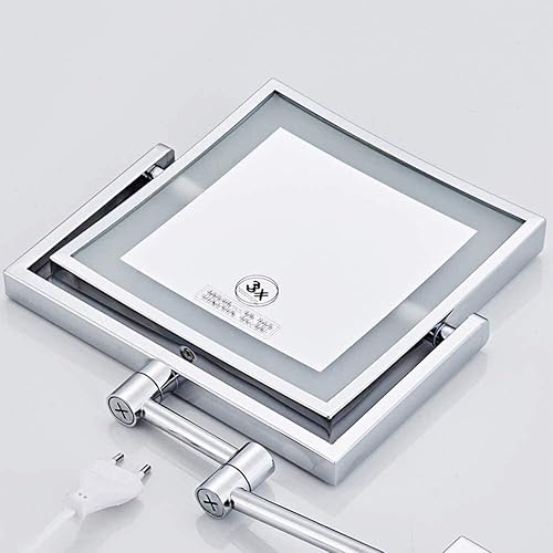 Espejo de maquillaje LED de baño con luz cuadrada de una sola cara plegable telescópico montado en la pared 3 X aumento 8 pulgadas espejo de belleza