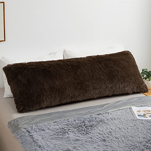 MEGO Luxury Fluffy Faux Fur Body Pillow Cover 20"x54" for Bedroom, Brown