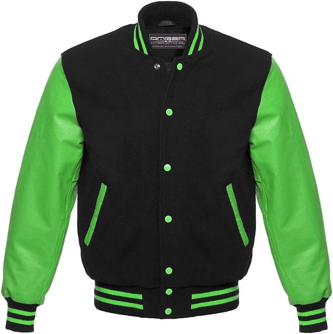 American Letterman Jacket Varsity Jacket School Jacket Baseball Jacket Black Wool & Green Leather Sleeves