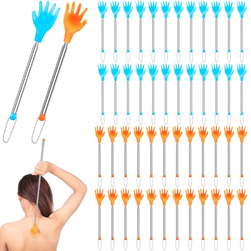 Tioncy 50 Pcs Extendable Back Scratcher Bulk Hand Shaped Retractable Scratcher Telescoping Massage Tool for Men Women Gifts Reducing Back Itching, Yellow and Blue