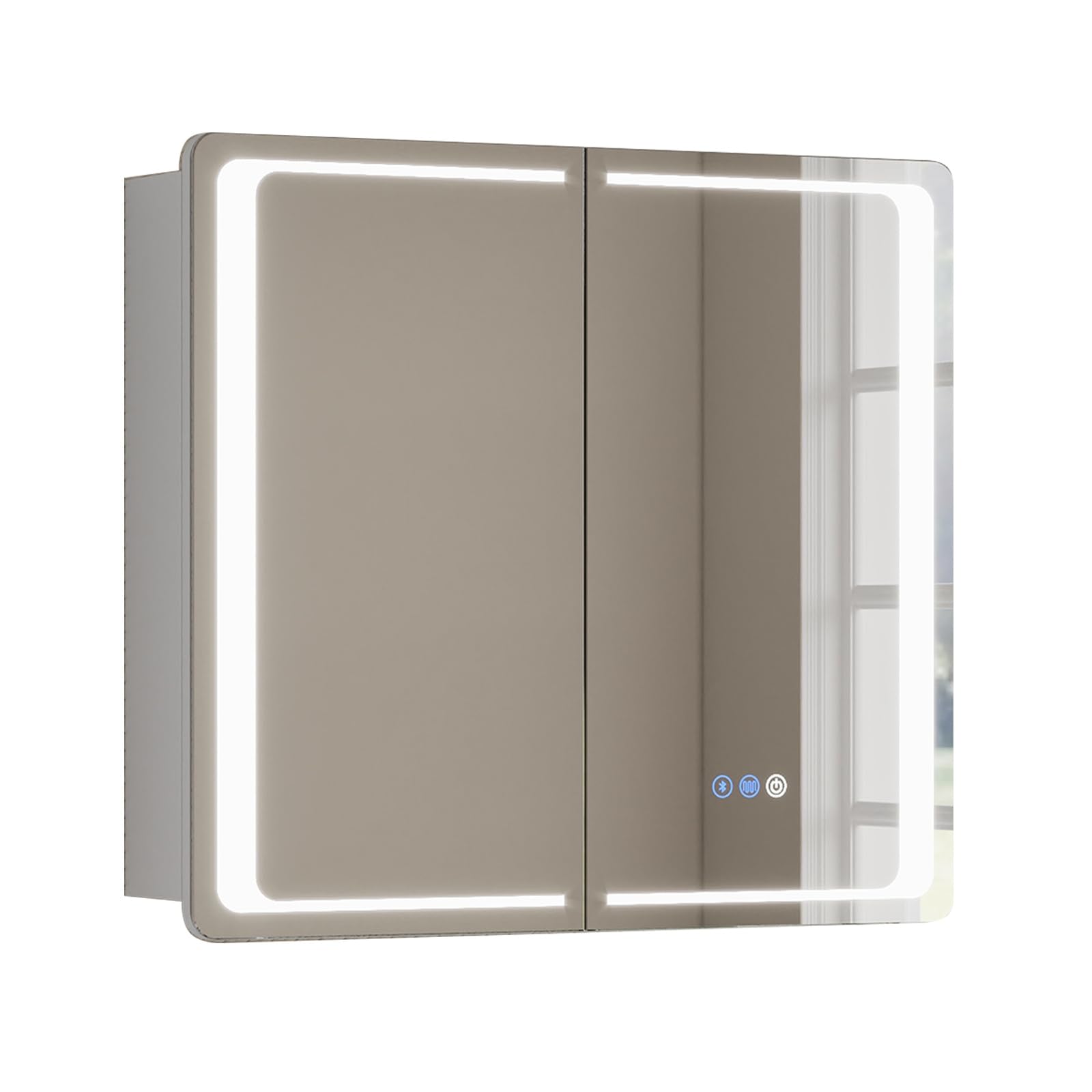 Warmiehomy Bluetooth Bathroom Mirror Cabinets with Lights,650x600mm 3-color Dimmable LED Illuminated Bathroom Mirror Cabinet with Shaver Socker Defogger Touch,White Frame
