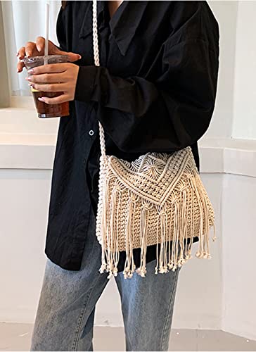 Bolso cruzado para mujer macramé tejido con borlas miniatura 4