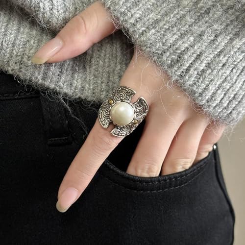 OIDIMS Vintage Pearl Wide Statement Ring for Women Oxidized Silver Plated Boho Open Wedding Band Wrap Expandable Finger Rings Comfort Fit Fashion Bohemian Ethnic Fashion Jewelry Size 72