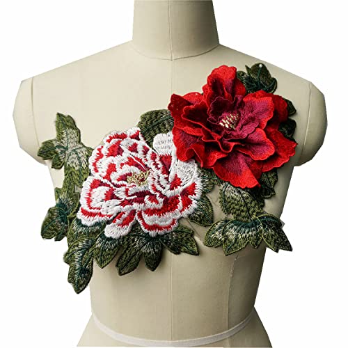 Large Embroidered 3D Peony Flowers Leaves Sew Patches Applique DIY, Red by JINMOMOMO - Used condition - US$8.50