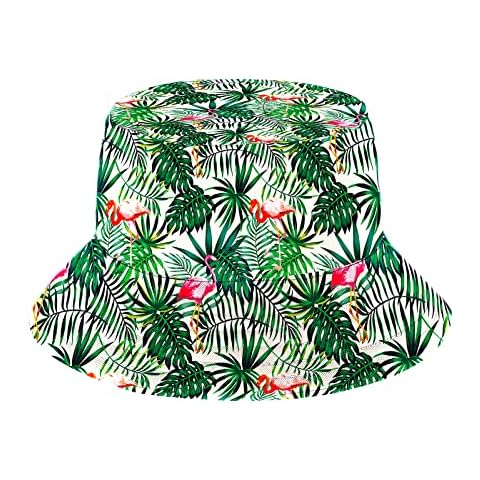 Green Weed Leaf Bucket Hat Summer Travel Packable Beach Sun Hat Outdoor Fisherman Cap for Men Women Teens, Pink Flamingos Tropical Hawaii Palm, One size Cover