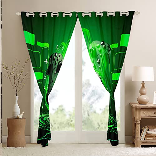 Loussiesd Gamer Curtains for Boys Bedroom Kids Teens Gaming Decor Window Curtains Video Game Window Drapes Room Decor Children Playing Gamepad Green Geometric Window Treatments - Image 4