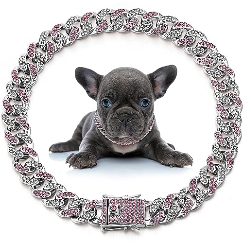 Image of LEIFIDE Dog Chain Collar Diamond Link Puppy Collar 12 mm Wide Dog Necklace Metal Cat Chain Pet Crystal Necklace Jewelry Accessories for Small Medium Large Pet(10 Inch,Silver, Pink White)