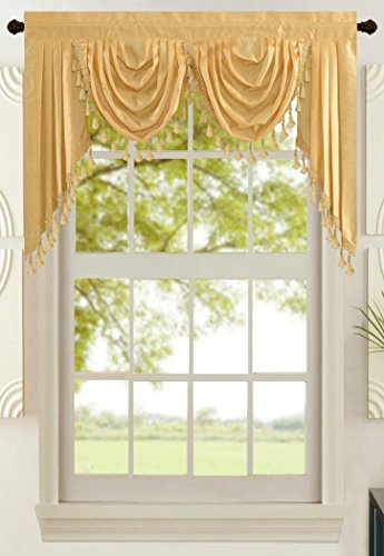 All American Collection New Attached Solid Faux Silk Double Waterfall Valance With Tails (55" X 32", Gold Valance) #TOP27