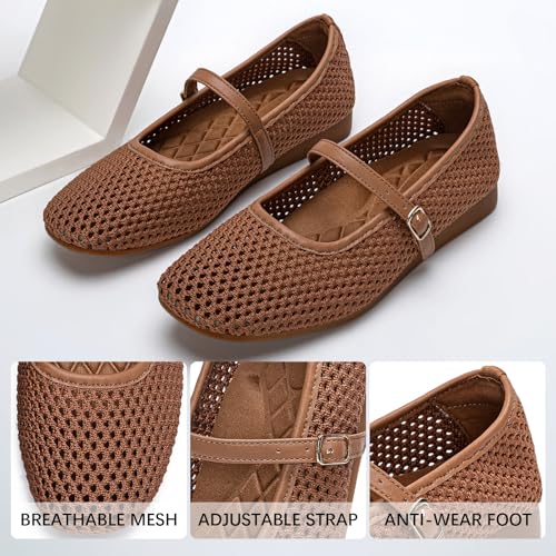 Image of Buyrew Women's Mary Jane Flats Breathable Mesh Square Toe Ballet Flats with Arch Support Washable Non Slip Casual Dress Shoes for Work Office