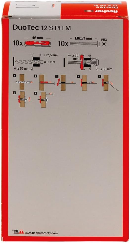 fischer DuoTec12 S PH 1/2" 10pcs Toggle-Plug Panhead Screw (Not Included), 2-Component Fastenings in Drywall, Wood, Steel & Plastic Panels