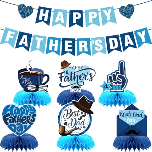 Happy Fathers Day Decorations Father Day Banner & 6Pcs Fathers Day Table Centerpieces Sign Table Decor Party Supplies Blue Best Dad Ever Table Toppers For Dad Holiday Family Celebration