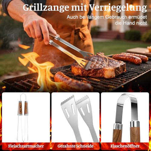 KOBENDA 7-teiliges Grillbesteck Set aus Edelstahl Rostfrei mit Aufbewahrungstasche, Grillset mit Hitzebeständigen Holz Griffen, Ideal als Grill Geschenk für Männer Professionelle BBQ Zubehör