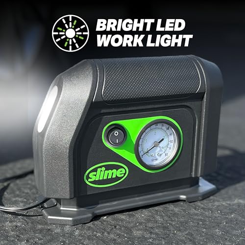 Image of Slime 40050 Tire Inflator, Portable Car Air Compressor, with Analog 100 psi Dial Gauge, Long Hose and LED Light, 12V, 8 min Inflation