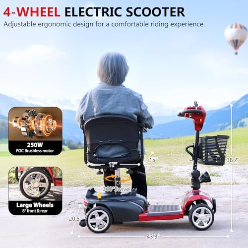 Powered Mobility Scooter, 265 lbs All Terrain Foldable Electric Scooter for Adults,Travel,Long Range Power Extended Battery with Charger,Basket and LED Light (Red) - Thumbnail 6