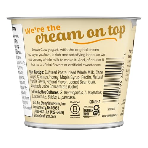 Image of Brown Cow Cream Top Cherry Vanilla on the Bottom Whole Milk Yogurt, 5.3 oz. Cup - Creamy, Delicious Yogurt