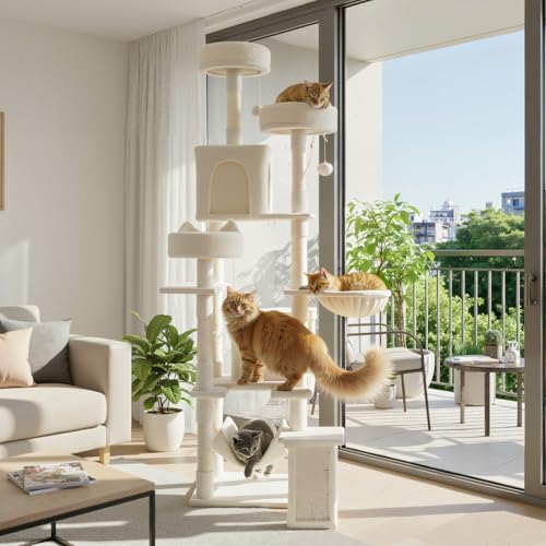 Image of Sweetcrispy Cat Tree 75 Inch, Large Multi-Level Tall Cat Tree Tower with Condo, Perches, Sisal Scratching Posts Board and Hammock, Pet Play House with Dangling Balls for Indoor Cats, Beige