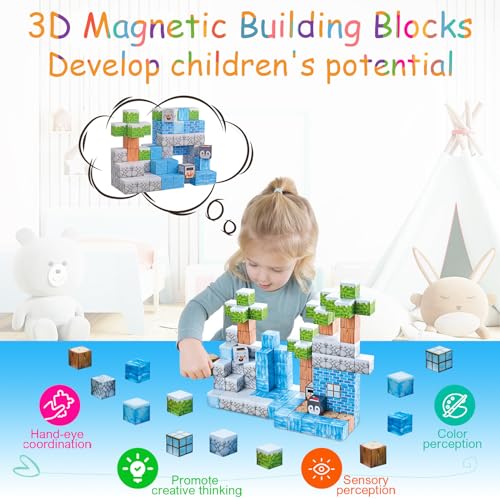 Magnetic Tiles-Build Mine Magnet World Frozen Set 3-4,Magnetic Blocks Sensory Toys for Age 5-7,STEM Magnets Cubes Building Toys for Halloween Christmas Birthday Gifts for Girls Boys Ages 4-8 8-12