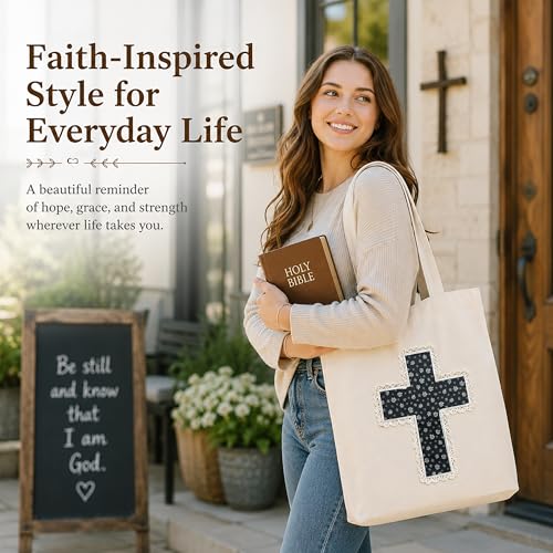 Image of Christian Tote Bag Gift for Women, Canvas Bible Bag Handmade Floral Cross | Christian faith-inspired gift, handcrafted cross with lace, inner pocket, snap closure, bottom gusset, church Bible study use