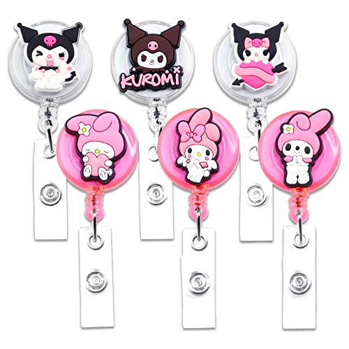 6Pcs Melody Pink Cute Retractable Anime Badge Reels, Kuro Black Kawaii Japanese Cartoon Badge Holders Clip for Nurse and Student for Girls (Melo & Kuro)
