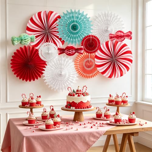 Image of PAPER JAZZ 12pcs Candy Paper Fans Christmas Decoration,Candy Honeycomb Christmas Decorations,White and Red Xmas Decoration Wall /Ceiling for Classroom,Bulletin Board,Winterwonderland,Office Decor.