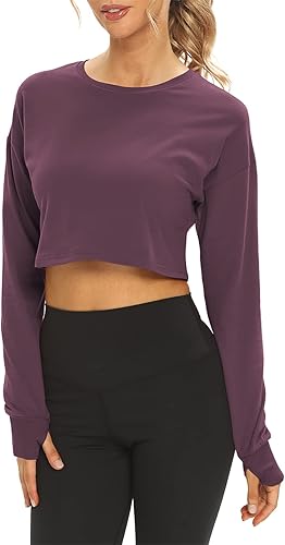 Miniatura 3 de Mippo Camisetas cortas de manga larga para entrenamiento, atléticas, para gimnasio, sudaderas recortadas para mujer