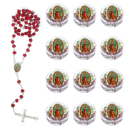 24 Pcs Scented Rosary Necklace Our Lady of Grace Party Favor Catholic Gifts with Box Saint Jude Rosary Beads Necklace for Funeral Baptism First Communion Party (Red)