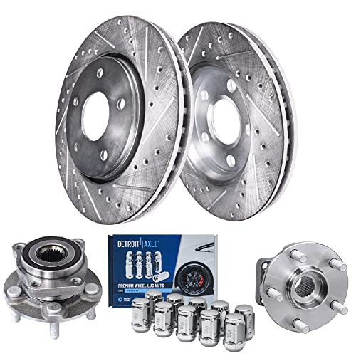 Image of Detroit Axle - Front Brake Kit for Subaru Impreza Forester XV Crosstrek | Drilled & Slotted Disc Brake Rotors Wheel Bearing Hubs Wheel Lug Nuts Replacement