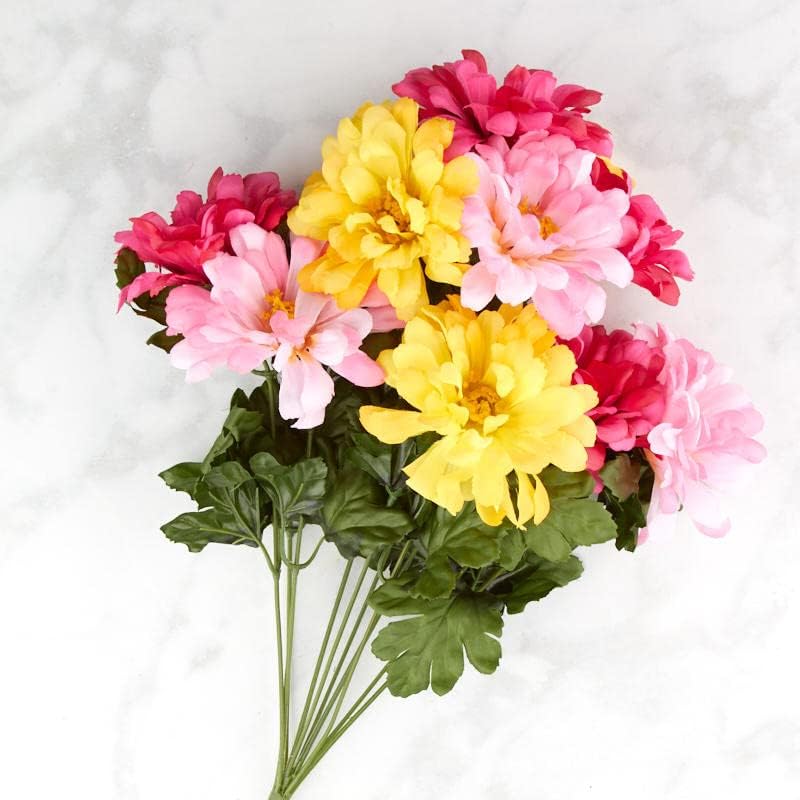 Factory Direct Craft Arbusto floral de Zinnia de seda polivinílica mixta de colores rosa y amarillo  para decoración de interiores