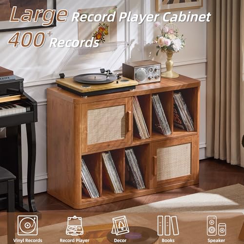 Image of LEYAOYAO Large Record Player Stand with Vinyl Storage Up to 450 Albums, 39.5 inch Wood Rattan Boho Record Storage Accent Cabinet, Modern Stereo Media Cabinets, Turntable Stand for Living Room, Tea Brown