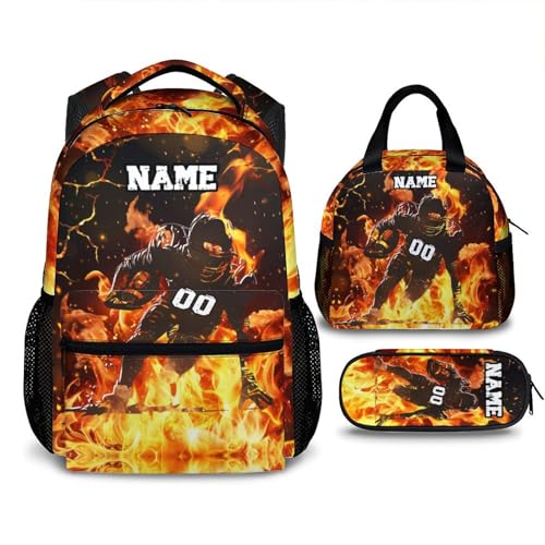 Boys Backpack for School, Personalized 3PCS Football Backpacks with Lunch Bag Pencil Case for Kids, Custom 17 Inches Cool Large Capacity Bookbag Bundle for Preschool Elementary